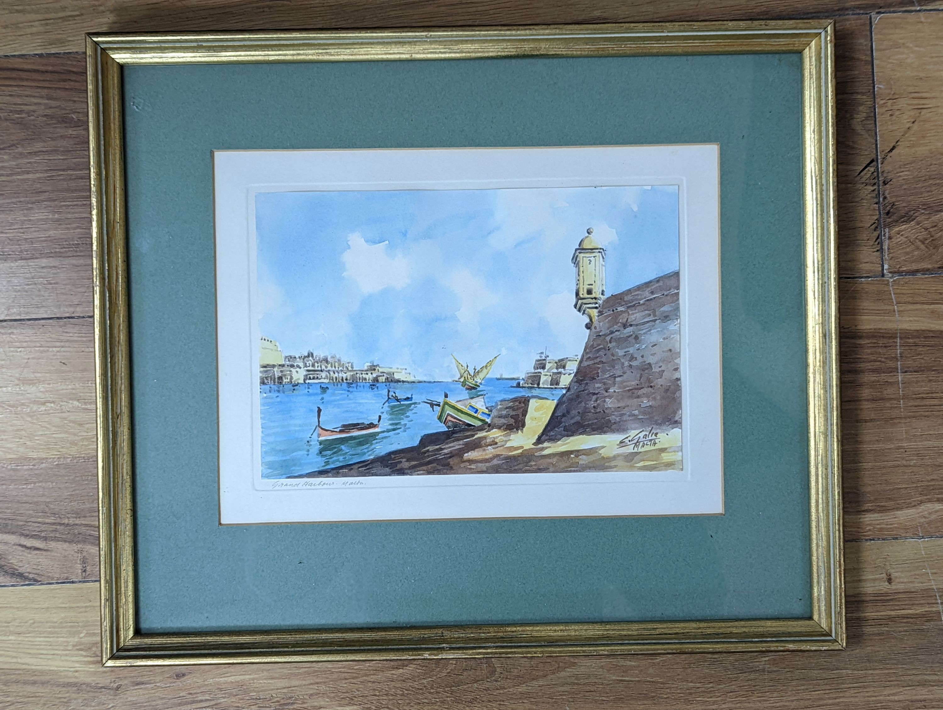 C. Galea, watercolour, Grand Harbour, Malta, signed, 17 x 25cm